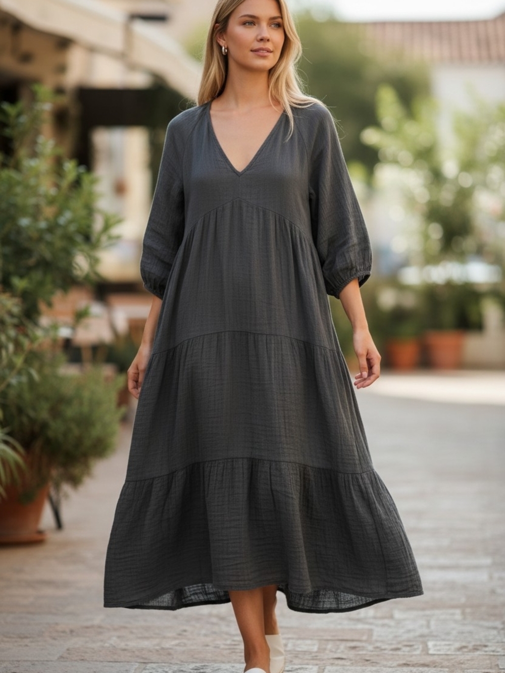 Faherty Charcoal Gray Midi Tiered V‑Neck Dress